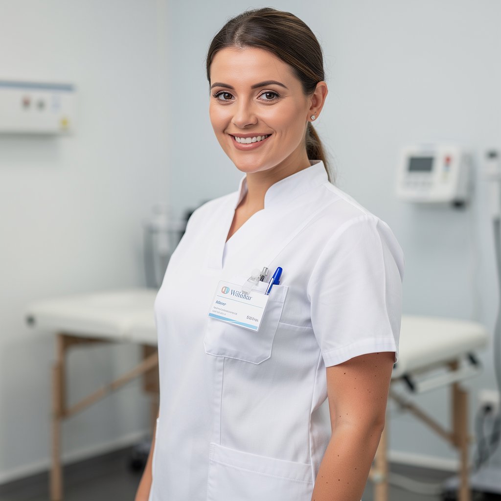 Friendly professional female physiotherapist in a white medical uniform, smiling, blurred clinic background, professional portrait, soft lighting, high quality.