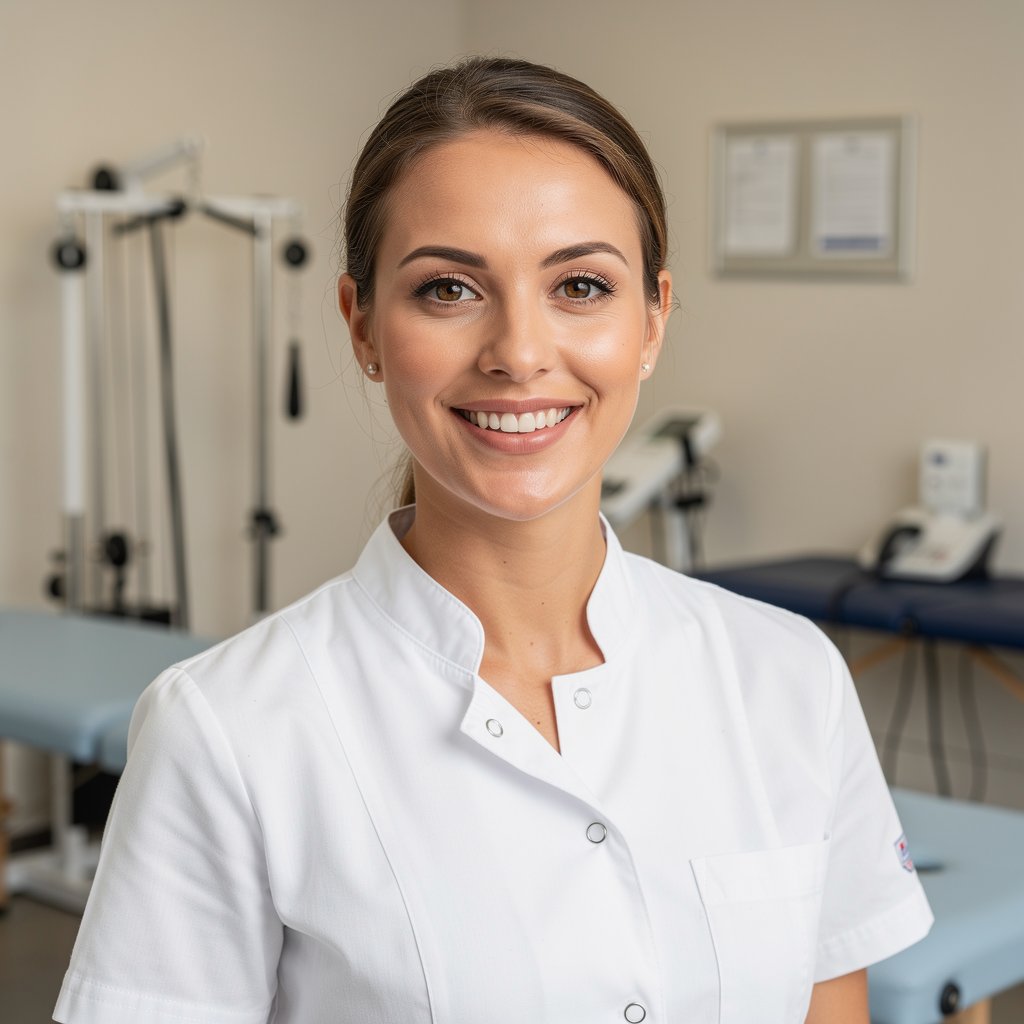 Second friendly professional female physiotherapist in a white medical uniform, smiling, professional clinical setting, high quality portrait.